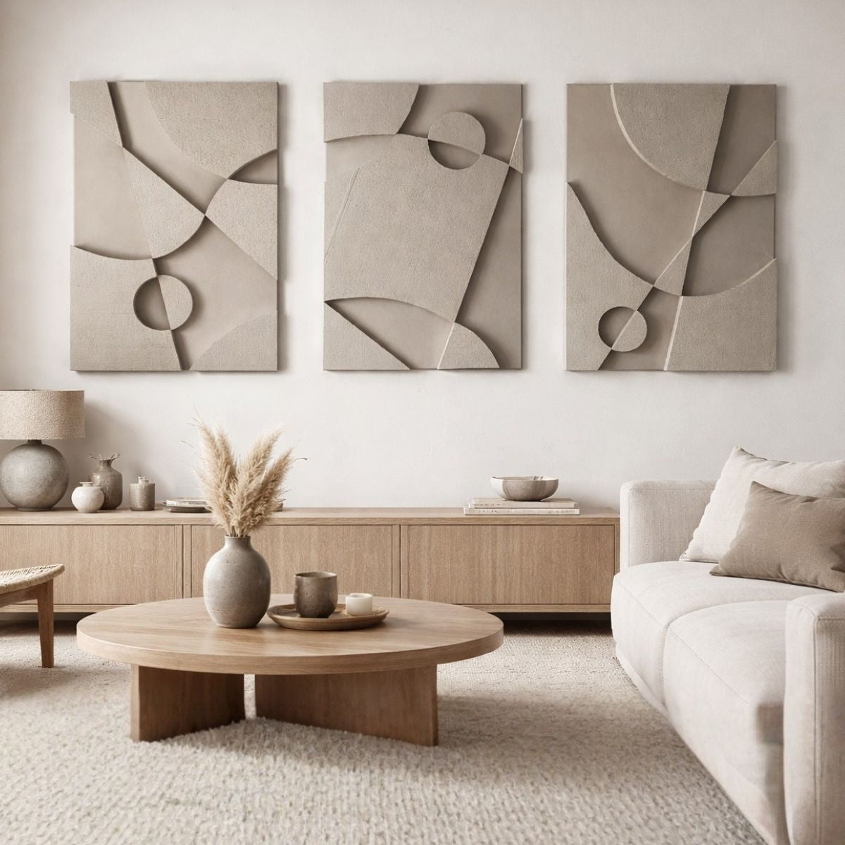 The Warrior Series, a series of three 3D structural wall art pieces, hung on a wall in a luxurious Japandi style living room above a wooden side table. The living room is furnished with an elegant beige couch, a wooden coffee table and calming designer objects as decoration.