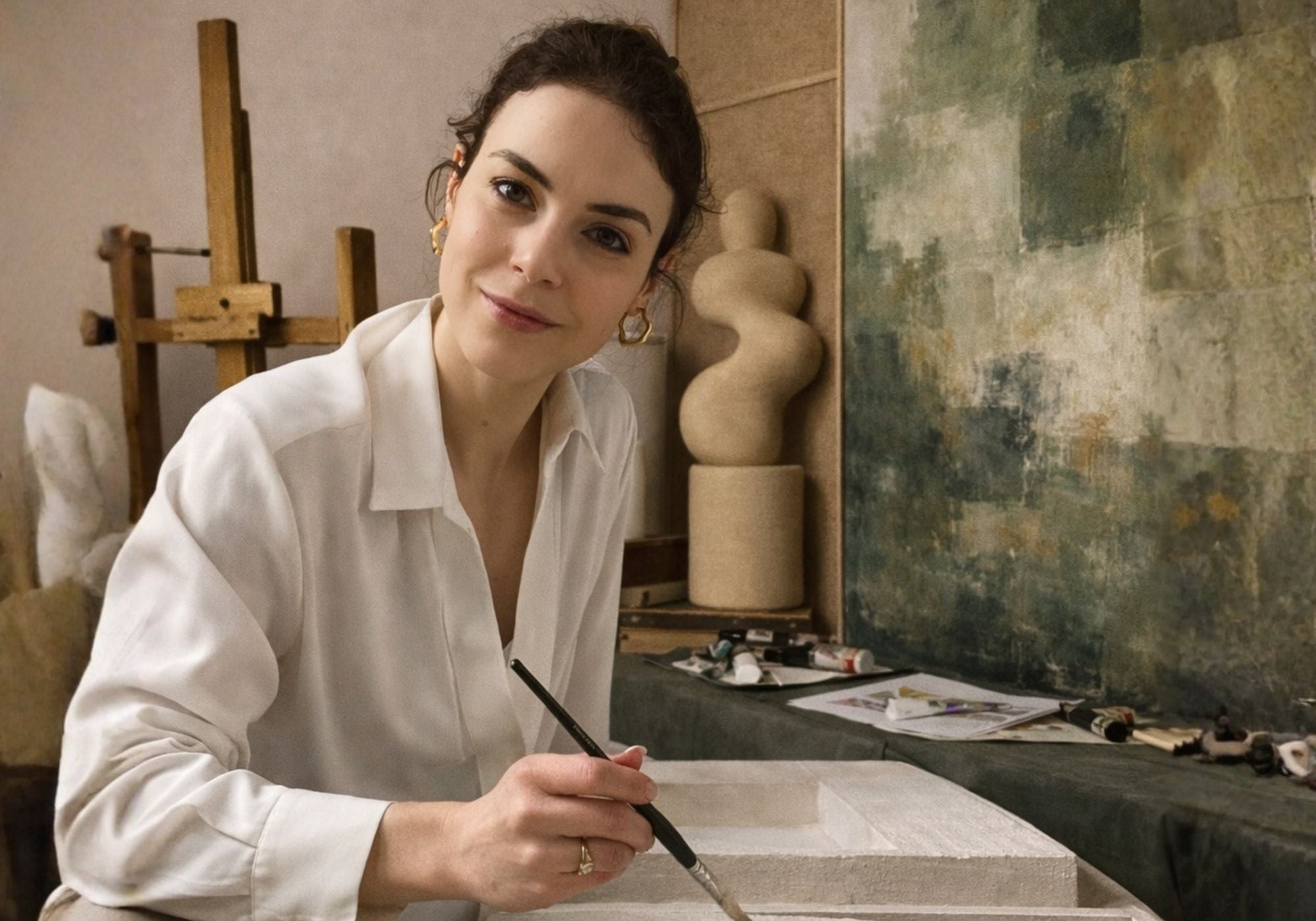 Ines Rebecca Woeckl, the female founder of Armande Darcy, working on a 3D structural wall in a minimalistic atelier with a sculpture and wooden studio easel.
