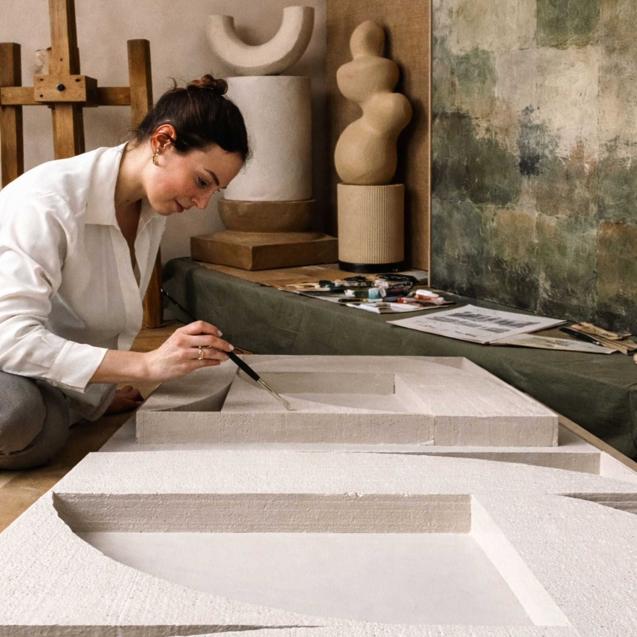 Ines Rebecca Woeckl, the female founder of Armande Darcy, working on a 3D structural wall in a minimalistic atelier with a sculpture, art supplies and a wooden studio easel around her.