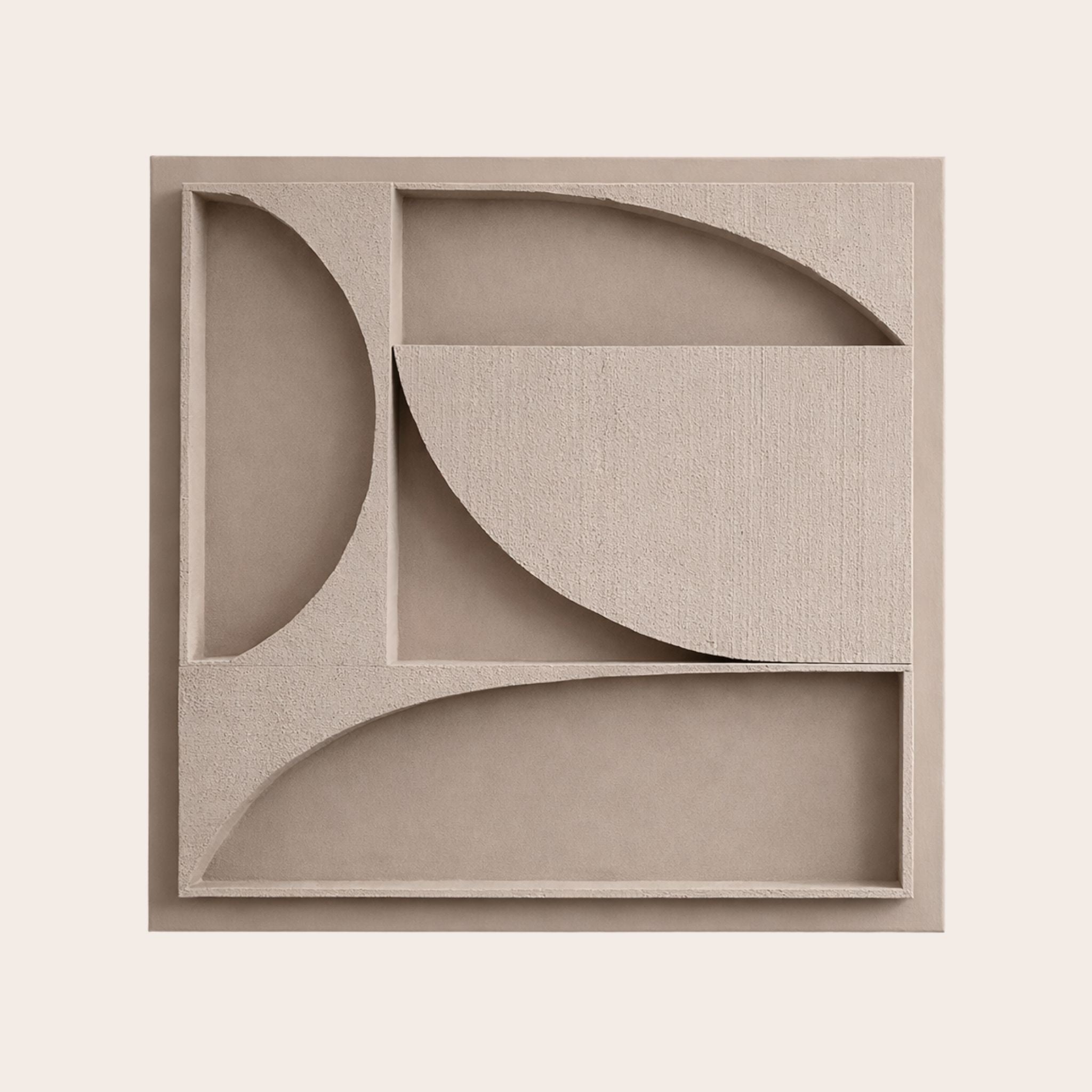 Karma A, a handcrafted, square textured artwork in beige color with real 3D depth and geometric elements on a light beige background.