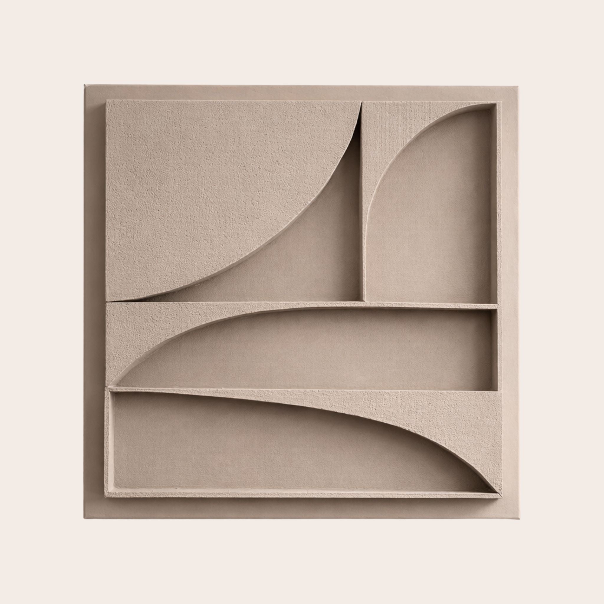 Karma B, a handcrafted, square textured artwork in beige color with real 3D depth and geometric elements on a light beige background.