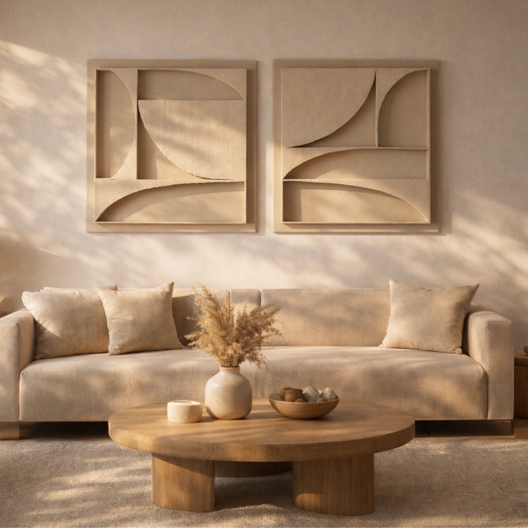 The Karma Series, a set of two handmade 3D structural wall art pieces, hung on a wall in a luxurious wabi sable style living room above a luxurious beige couch. There is an elegant wooden coffee table standing in front of the sofa with calming designer objects as decoration on top of it. Soft sunshine is falling in from the side.