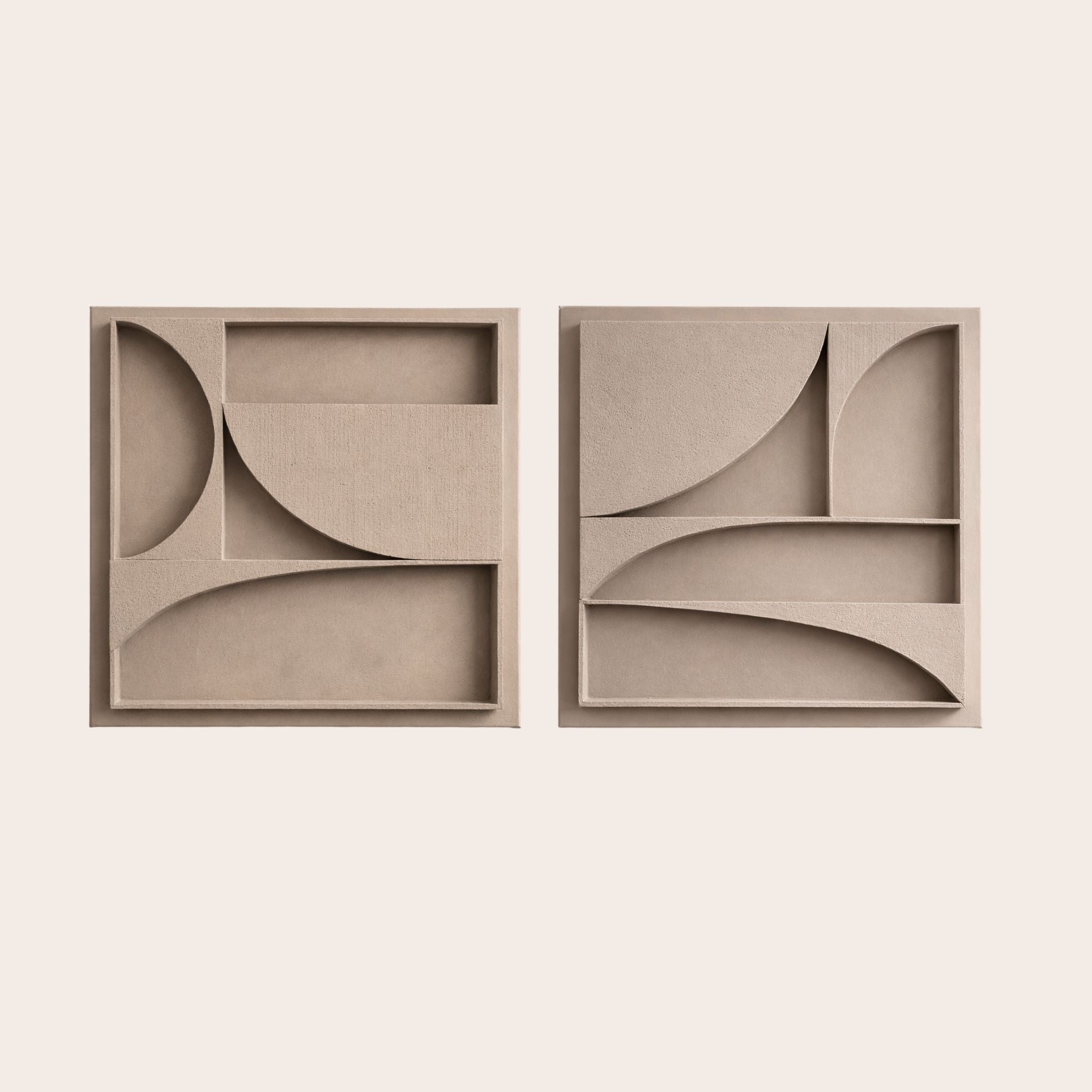 The Karma Series, a set of two beige 3D structural wall art pieces on a light beige background, the straight lines and soft curves of the two pieces perfectly complementing each other.