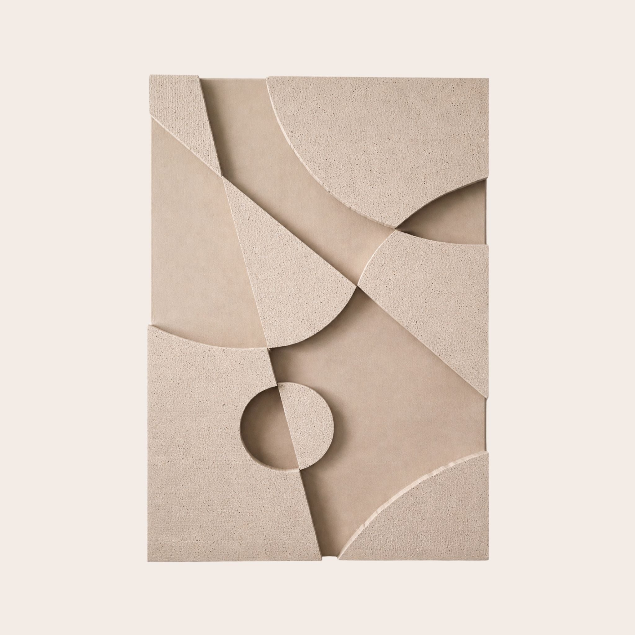 Warrior A, a handmade beige, textured artwork with real 3D depth, straight geometric lines and soft flowing curves on a light beige background.