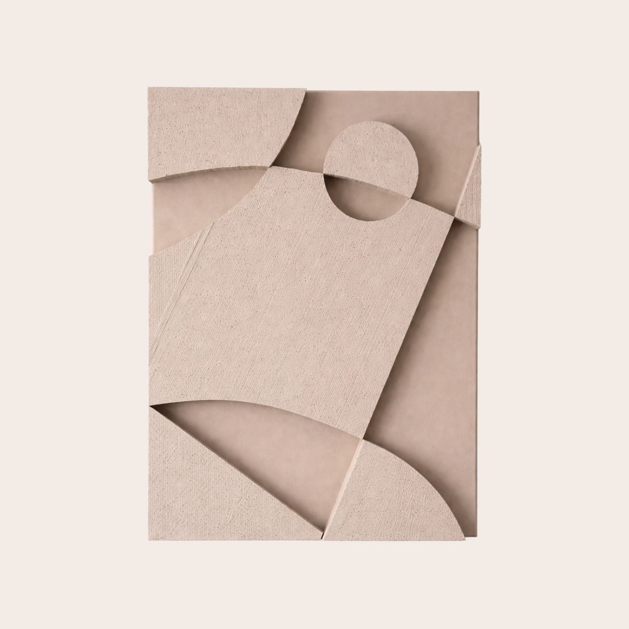 Warrior B, a handmade beige, textured artwork with real 3D depth, straight geometric lines and soft flowing curves on a light beige background.