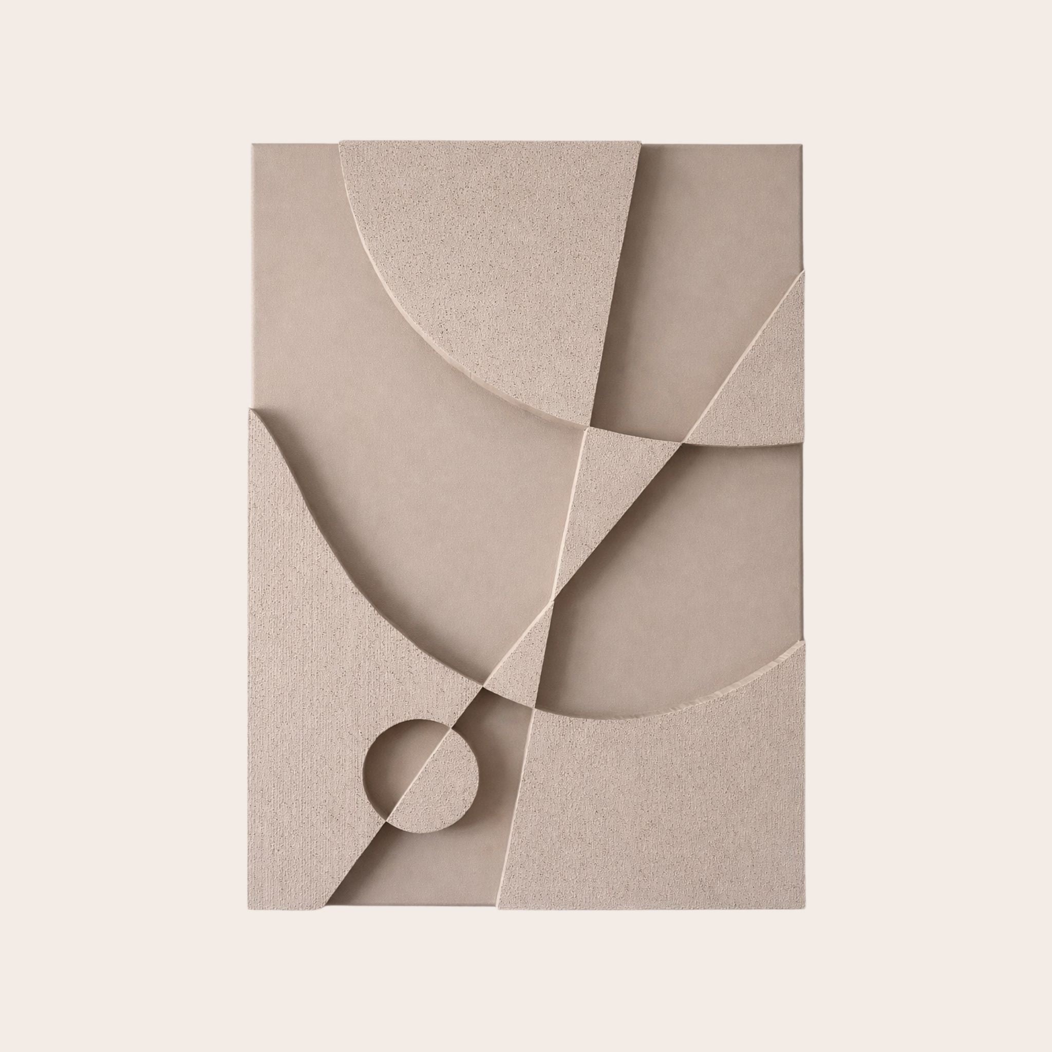 Warrior C, a handmade beige, textured artwork with real 3D depth, straight geometric lines and soft flowing curves on a light beige background.