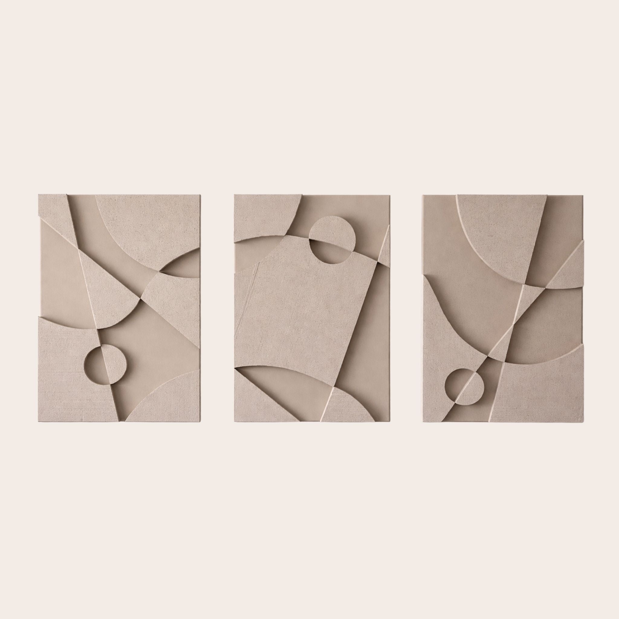 The Warrior Series, a set of three handcrafted beige 3D structural wall art pieces on a light beige background, the straight lines and soft curves flowing perfectly into each other.