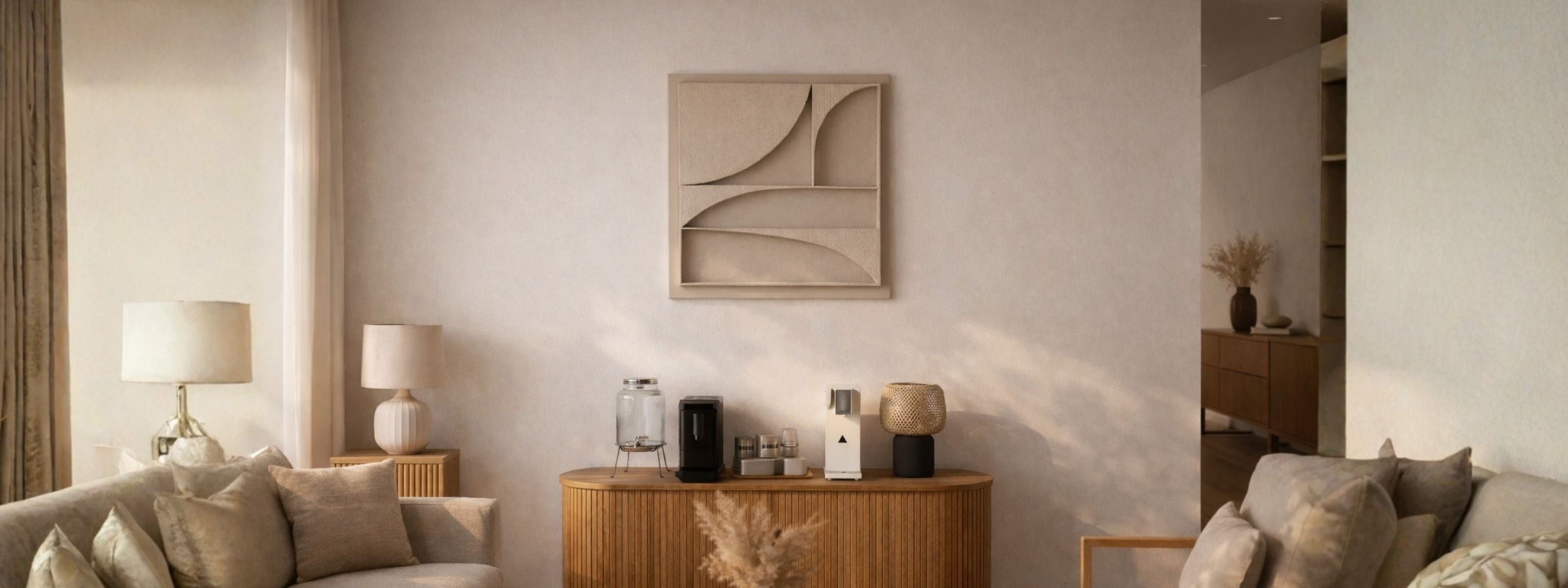 Modern Scandinavian living room with two beige sofas, wooden side table, and abstract art on the wall. The artwork, the Karma A 3D structural piece from Armande Darcy is the center point of the room.