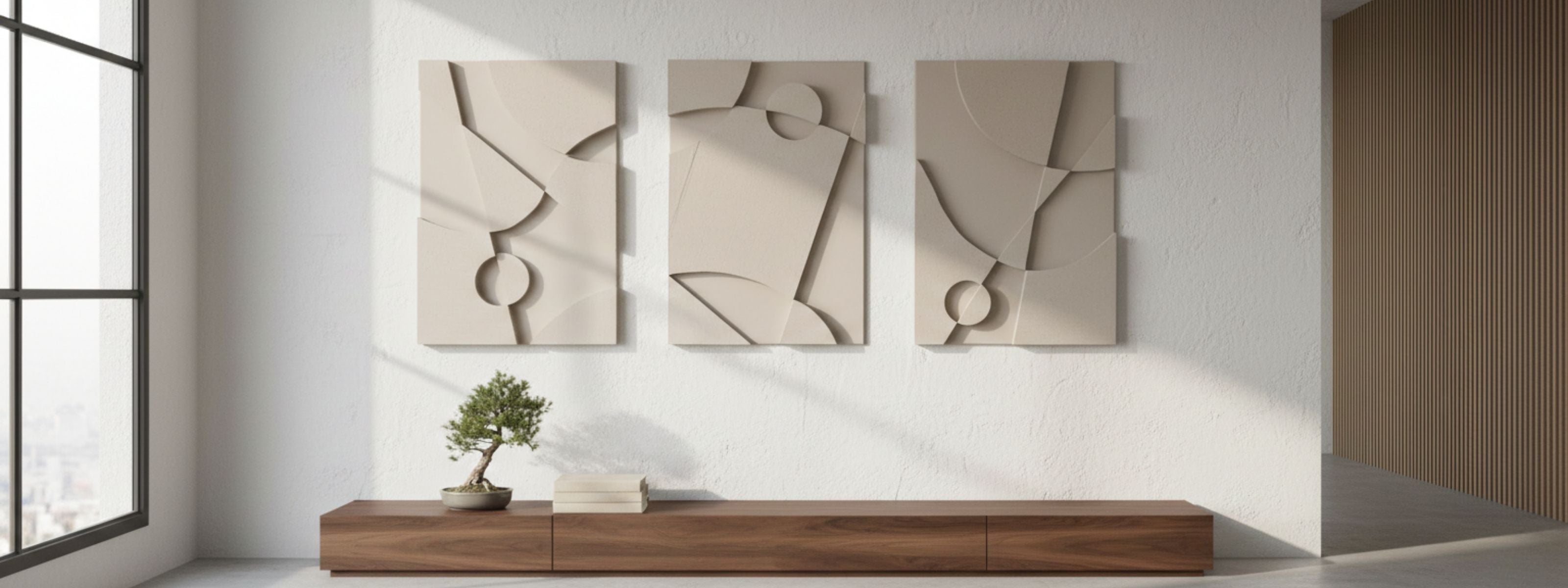 Modern Japandi style interior with the Warrior Series from Armande Darcy, a three-piece set of beige 3D structural wall art, hung above a low console table made from dark brown wood. A bonsai tree and beige books decoratively placed on the sideboard.